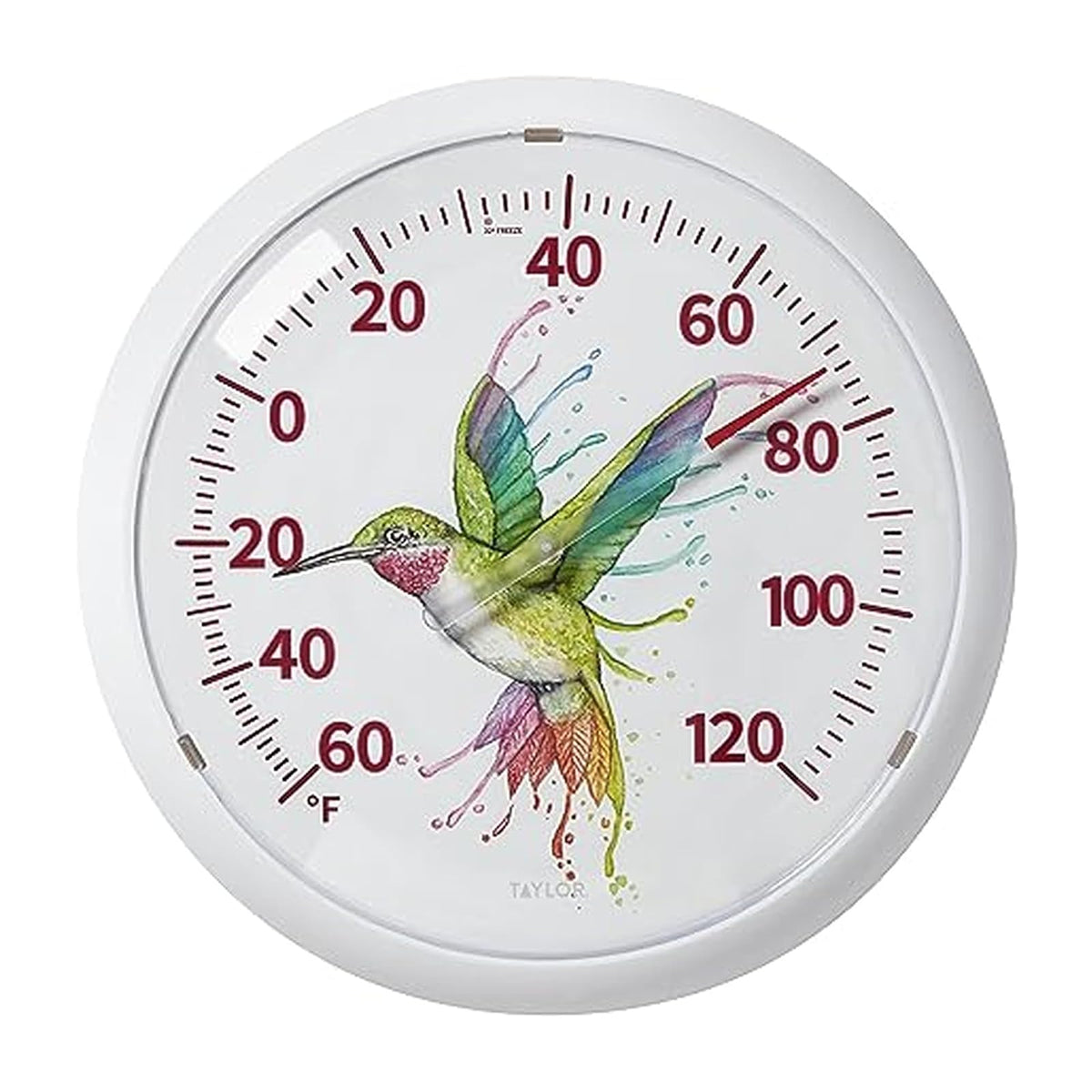 Taylor Watercolor Series - Termómetro de esfera de colibrí arcoíris para interiores y exteriores, decoración del hogar para patio, piscina o cochera, 13.3 pulgadas, bisel blanco
