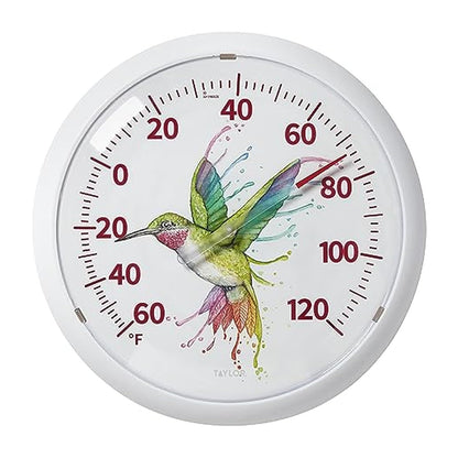 Taylor Watercolor Series - Termómetro de esfera de colibrí arcoíris para interiores y exteriores, decoración del hogar para patio, piscina o cochera, 13.3 pulgadas, bisel blanco
