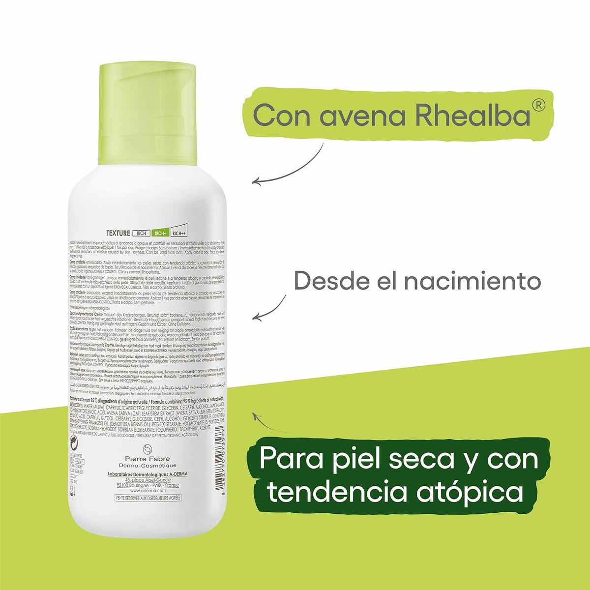 A-Derma Exomega Control Crema Hidratante Emoliente Piel Atópica, 400ml