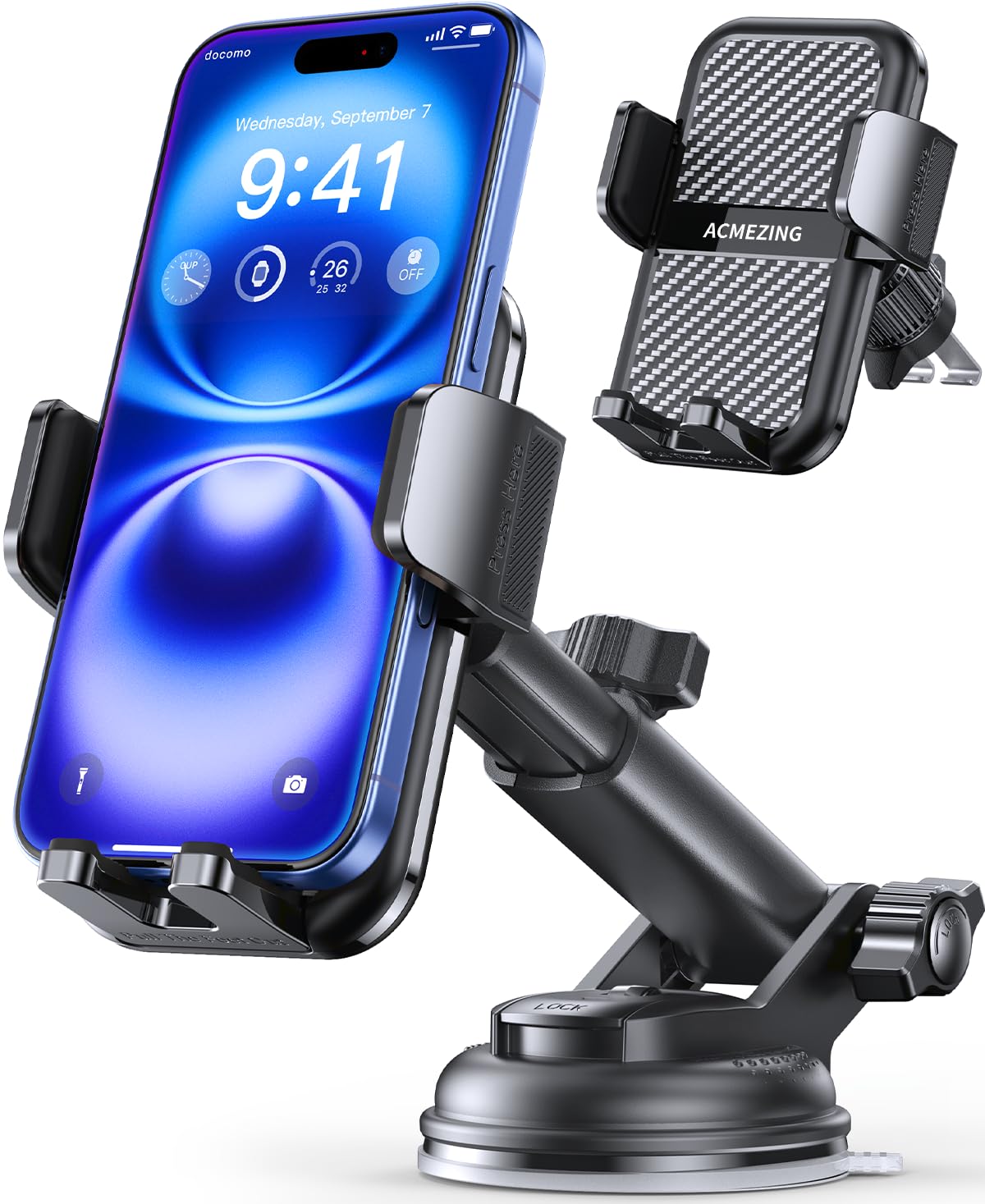 Soporte para teléfono de automóvil 3 en 1 [122+LBS con succión más fuerte y brazo de abrazadera estable] Soporte ajustable para teléfono de automóvil de 360°, soportes para teléfono celular para tu automóvil para