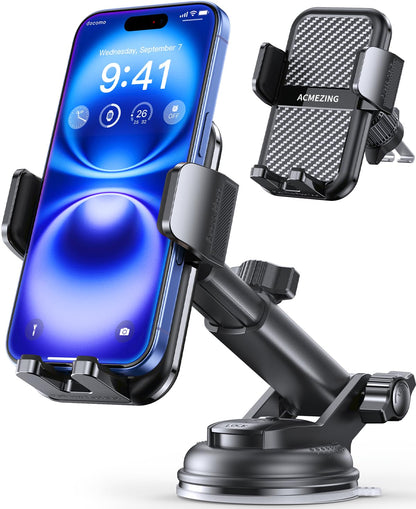 Soporte para teléfono de automóvil 3 en 1 [122+LBS con succión más fuerte y brazo de abrazadera estable] Soporte ajustable para teléfono de automóvil de 360°, soportes para teléfono celular para tu automóvil para