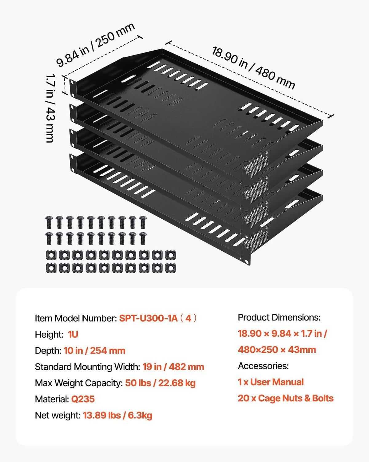 VEVOR Estante para Rack de Servidor de 1U, 4 Unidades, Capacidad de Carga Máxima de 22,68 kg, Ventilación en Voladizo, 25,4 cm de Profundidad, para Equipos de Red Informática con Gabinete de 48,26 cm