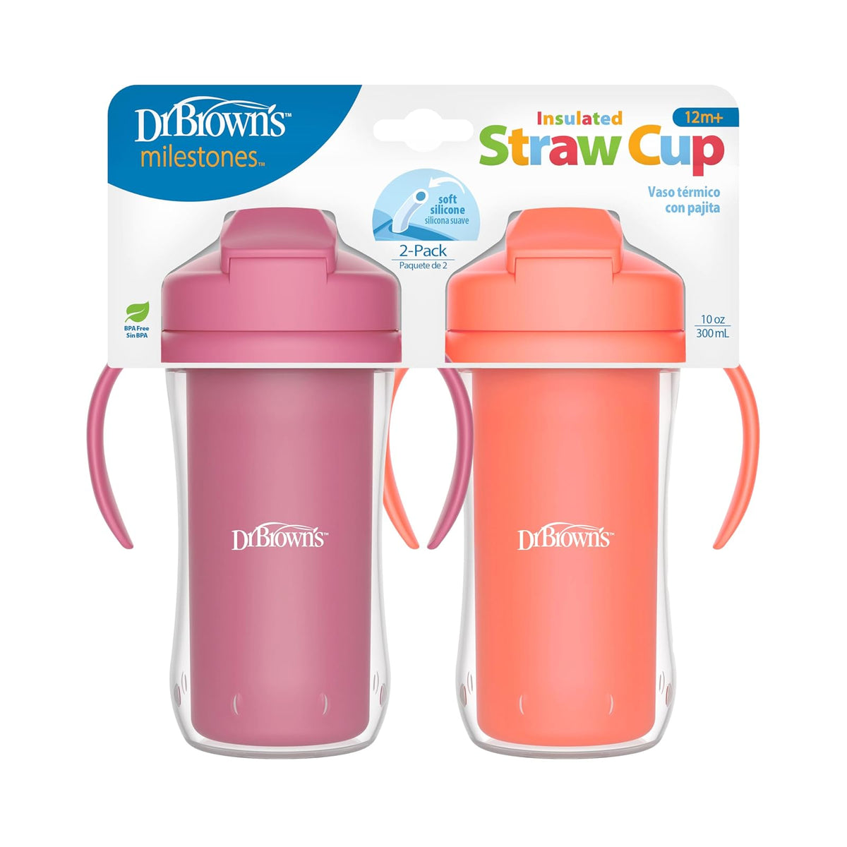 Dr. Brown's Milestones - Taza aislada para sorbos con popote y asas, vaso a prueba de derrames con tapa, paquete de 2, rosa, 10 onzas, 300 ml, sin BPA, 12 m +