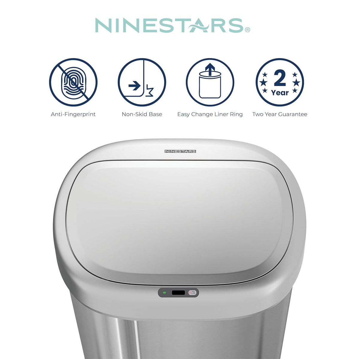 NINESTARS DZT-80-24 Bote de basura con sensor de movimiento automático con rango de sensor ajustable, base de acero inoxidable, tapa plateada, 21 galones