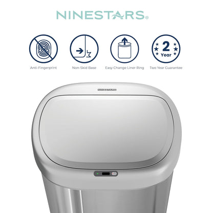NINESTARS DZT-80-24 Bote de basura con sensor de movimiento automático con rango de sensor ajustable, base de acero inoxidable, tapa plateada, 21 galones