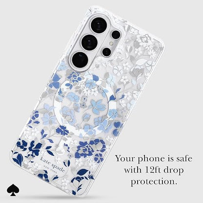 Kate Spade New York Funda para Samsung Galaxy S26 Ultra – [Carga magnética e inalámbrica] – Funda de diseñador – Flores con Piedras Preciosas Azules