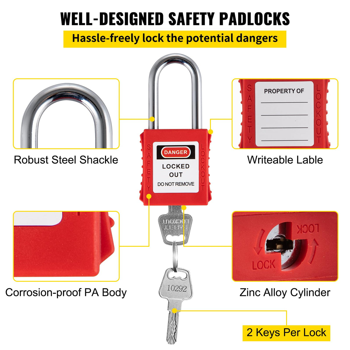 VEVOR Kit de Candado de Seguridad 58 PCS Kit de Bloqueo y Etiquetado 14 Candados Cerraduras de bloqueo y etiquetado 39,37x55,88 cm con Cerrojos de 6 Orificios para Maquinaria, Equipos Eléctricos