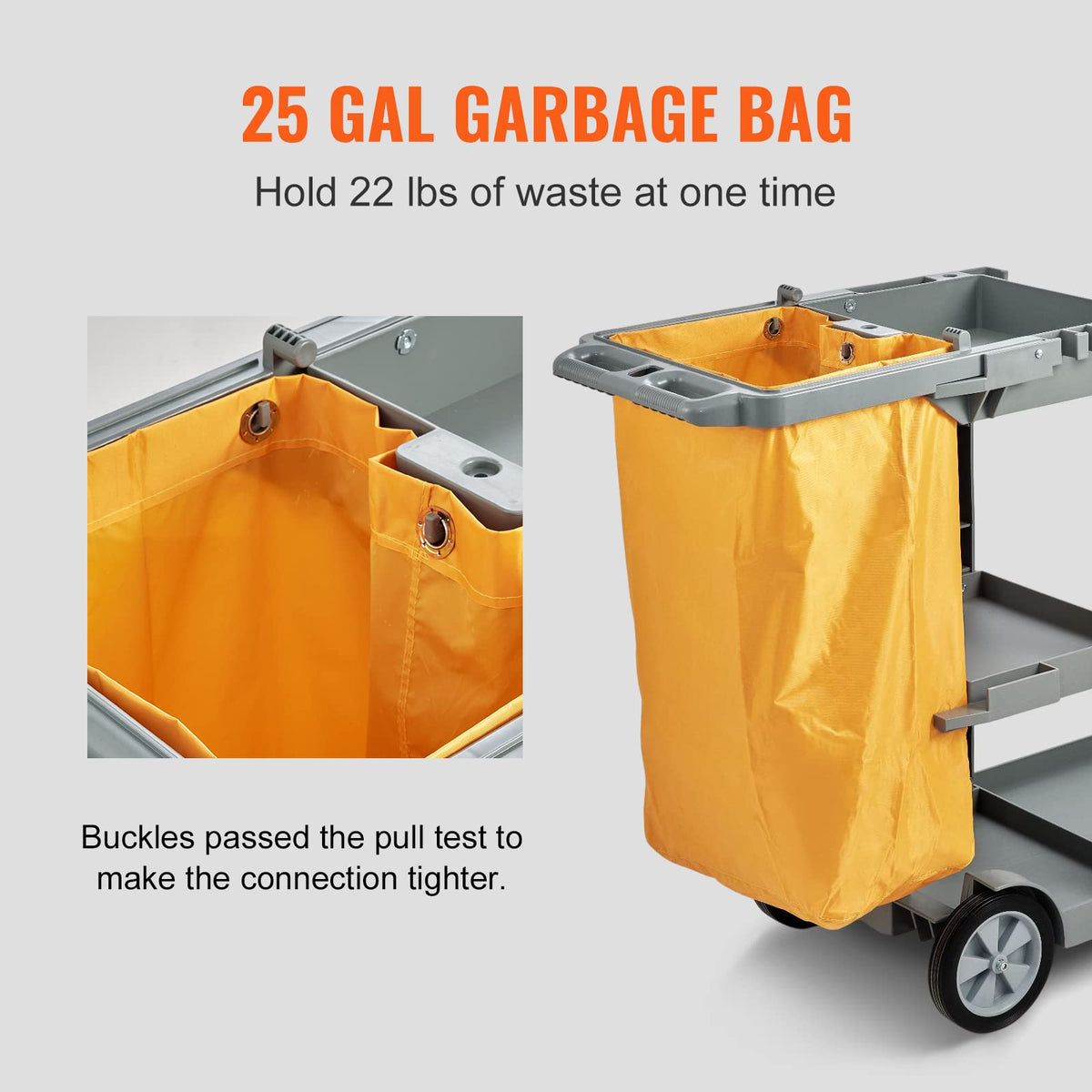 VEVOR - Carrito de Limpieza Comercial, 3 estantes, Carro de Limpieza de plástico de 200 Libras, con Bolsa de PVC de 25 galones, 47 x 20 x 38.5 Pulgadas, Amarillo + Gris