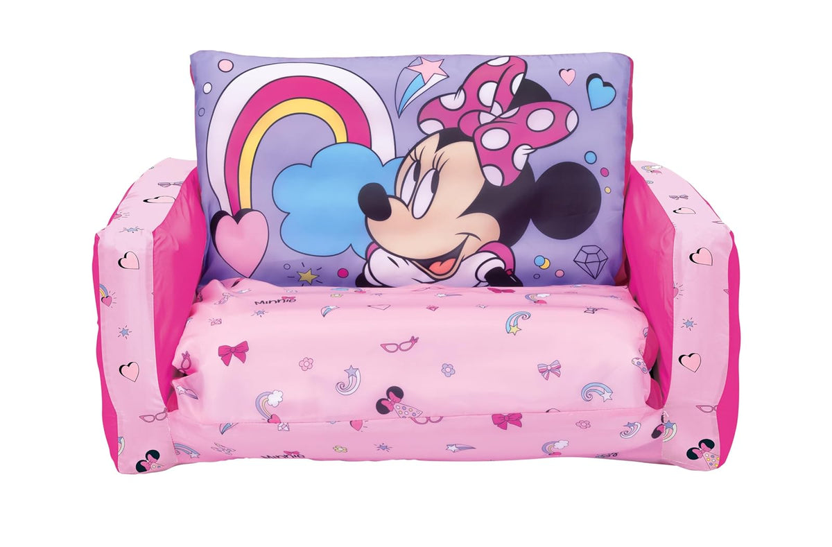 Minnie Mouse - Sofá cama inflable para niños, 2 en 1 con apertura abatible para tumbona y colchoneta para siesta, más de 4 pies de largo, funda extraíble, uso en interiores y exteriores, edades de 2 a