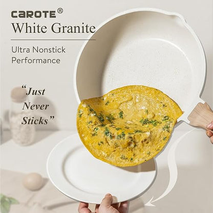 CAROTE Juego de ollas y sartenes antiadherentes, de granito blanco, de inducción, 8 piezas esenciales de cocina con sartenes y cacerolas (PFOS, libre de PFOA)