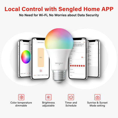 Sengled - Bombillas inteligentes de modo dual con control remoto y de aplicación, bombillas que cambian de color, bombillas LED RGBW de 2700 K-6500 K regulables, 60 W, control de grupo local (4P+ 1