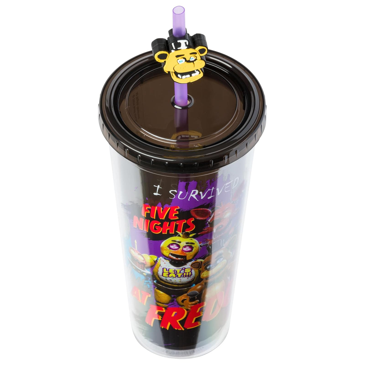 Silver Buffalo Five Nights at Freddy's - Taza fría de plástico con tapa y popote con Freddy Fazbear, Foxy, Chica y Bonnie, 24 onzas