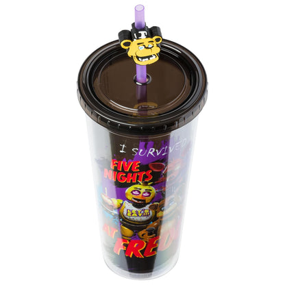 Silver Buffalo Five Nights at Freddy's - Taza fría de plástico con tapa y popote con Freddy Fazbear, Foxy, Chica y Bonnie, 24 onzas