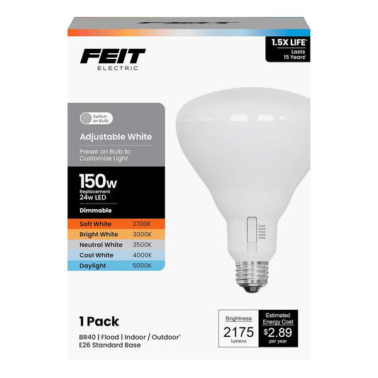 Feit Electric BR40 - foco LED BR40, equivalente a 150 W, regulable, 5CCT, base media E26, 90 CRI, 2175 lúmenes, blanco ajustable, 13.7 años de vida útil, BR40150DM5CCTCA15K
