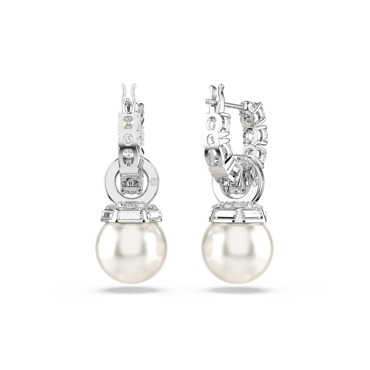 Swarovski Aretes Matrix, Perla de cristal, Talla redonda, Blancos, Baño de rodio