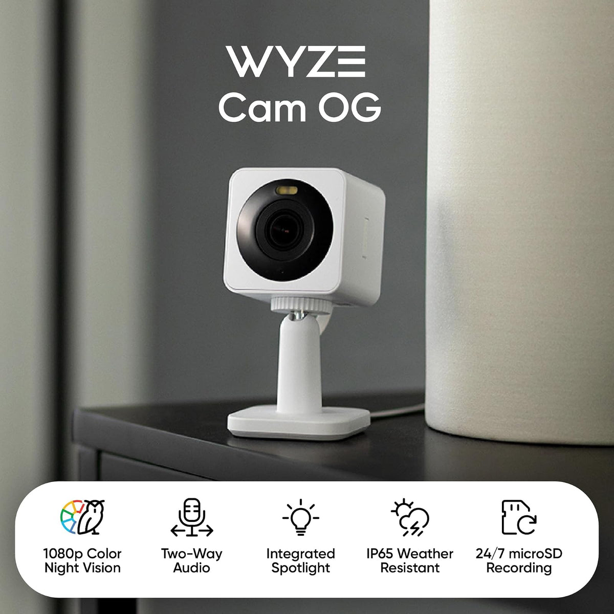 WYZE CAM OG Cámara de Seguridad Inteligente para Interiores y Exteriores con visión Nocturna de Color, Foco Integrado, detección de Movimiento, Audio de 2 vías, Compatible con Alexa y Google