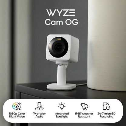 WYZE CAM OG Cámara de Seguridad Inteligente para Interiores y Exteriores con visión Nocturna de Color, Foco Integrado, detección de Movimiento, Audio de 2 vías, Compatible con Alexa y Google