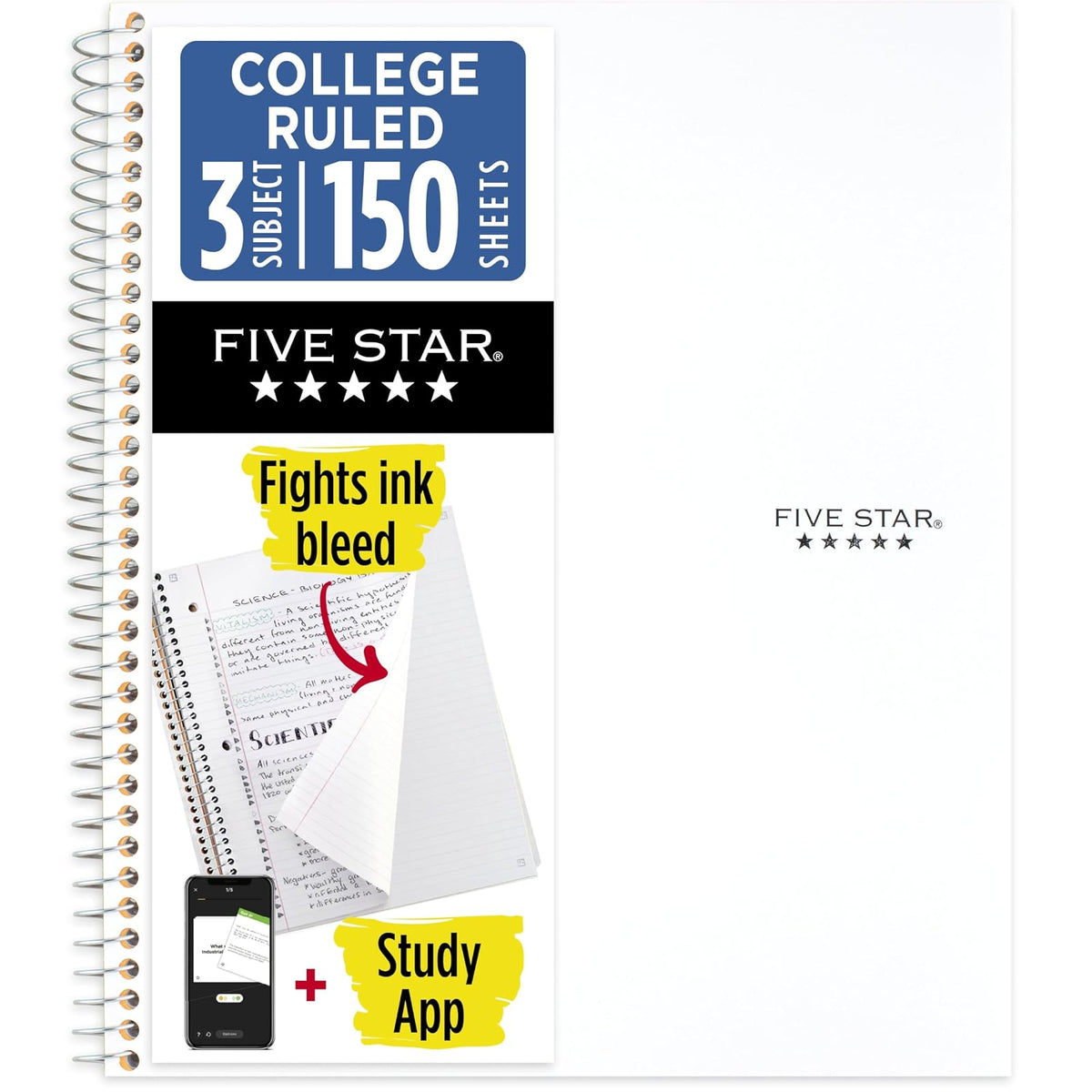 Five Star - Cuaderno en espiral, 3 temas, papel rayado universitario, 150 hojas, 11 x 8-1/2 pulgadas, blanco (72464)