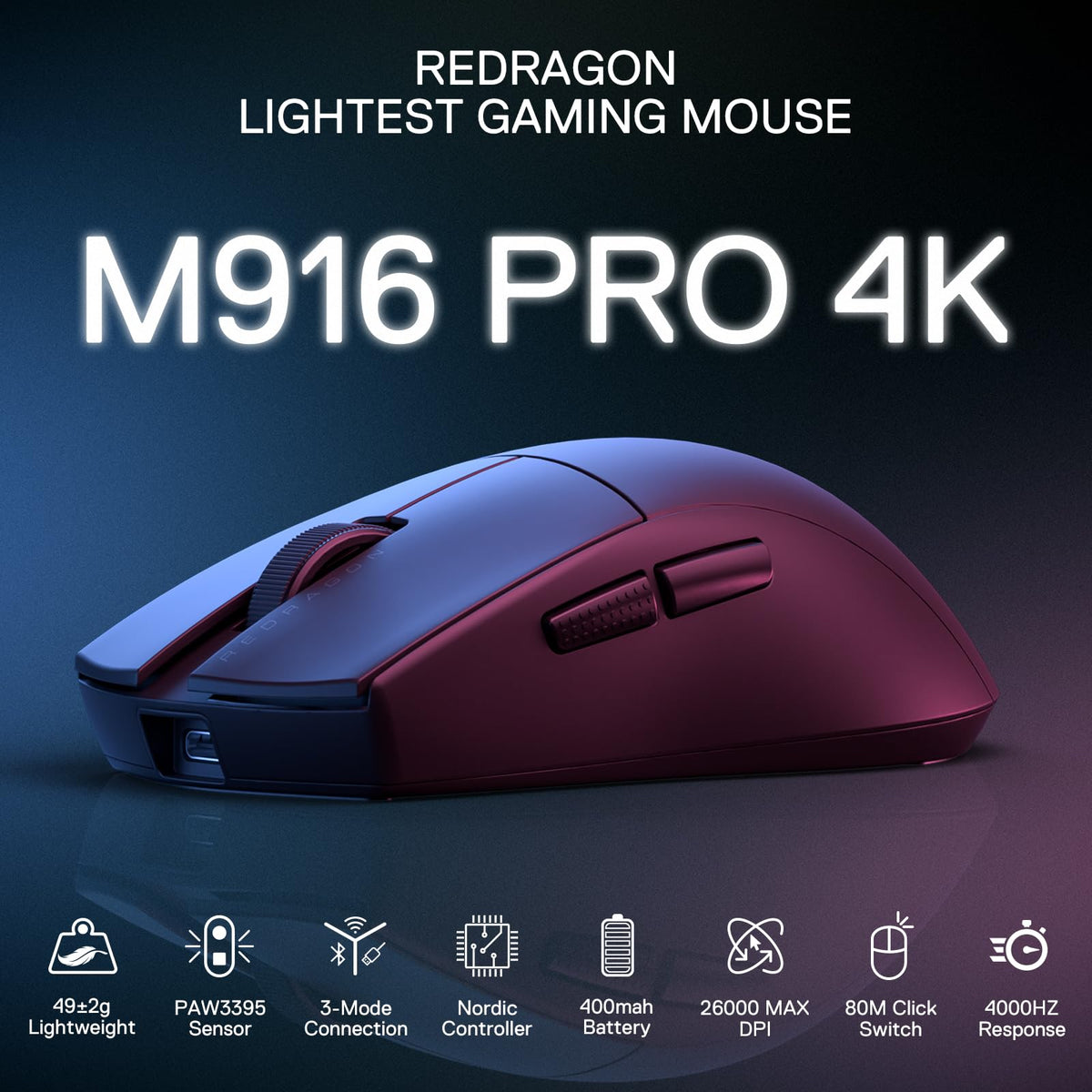 Redragon Mouse Gamer K1ng, Triple Conexión, 26,000 dpi 49 Gramos, Inalámbrico, Cableado, Bluetooth.