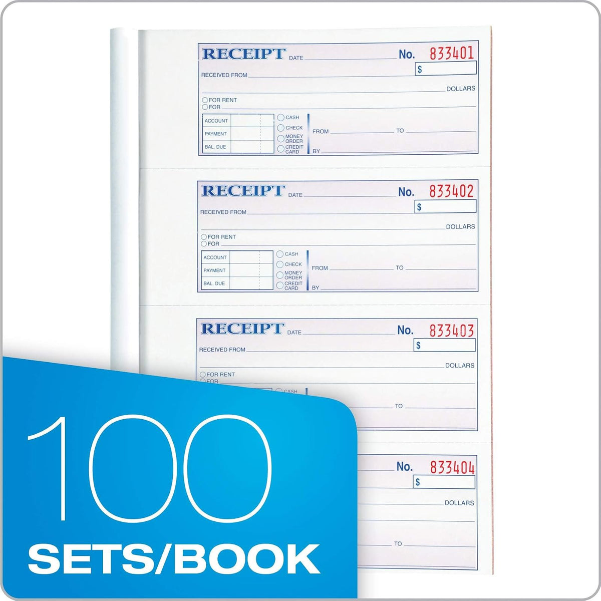 Adams Money and Rent - Libro de recibos (3 partes, sin carbono, blanco/canario/rosa, 7-5/8" x 10-7/8", cubierta envolvente, 100 juegos por libro, 4 recibos por página (TC1182)