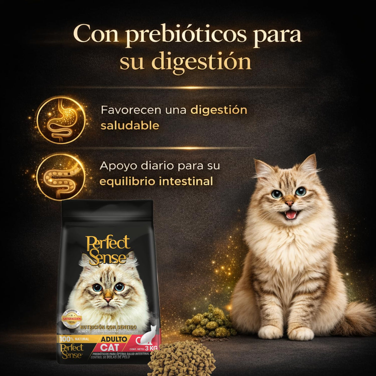 Perfect Sense Alimento Premium para Gato 3 kg - 100% Natural con Taurina, Omega 3, Prebióticos y Fibras Naturales para Pelaje Saludable y Control de Bolas de Pelo