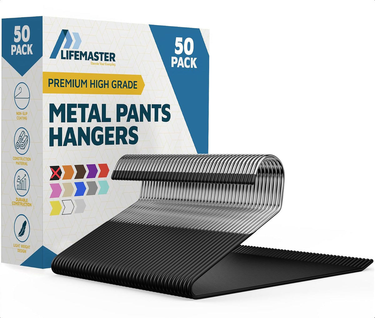 Lifemaster - Juego de 50 Perchas de Metal para Pantalones, Pantalones, Mantas y Jeans con Revestimiento de Goma y diseño Elegante de Extremo Abierto, Color Negro
