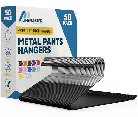 Lifemaster - Juego de 50 Perchas de Metal para Pantalones, Pantalones, Mantas y Jeans con Revestimiento de Goma y diseño Elegante de Extremo Abierto, Color Negro