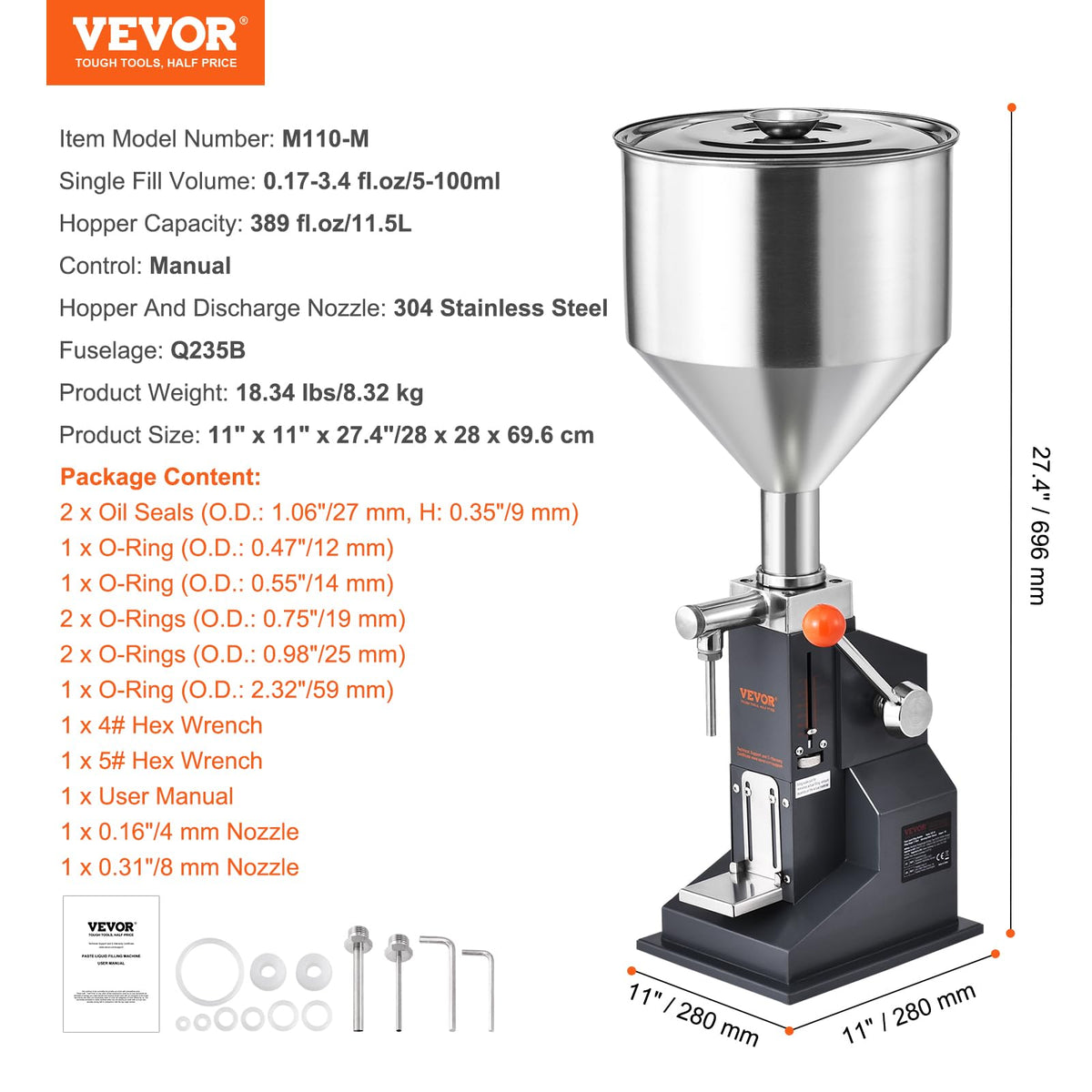 VEVOR Máquina de llenado de líquidos de pasta manual, máquina de llenado de botellas ajustable de 5 a 100 ml, relleno líquido de acero inoxidable con tolva de 11,5 L para leche y agua, jugo de aceite