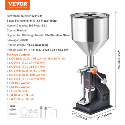 VEVOR Máquina de llenado de líquidos de pasta manual, máquina de llenado de botellas ajustable de 5 a 100 ml, relleno líquido de acero inoxidable con tolva de 11,5 L para leche y agua, jugo de aceite