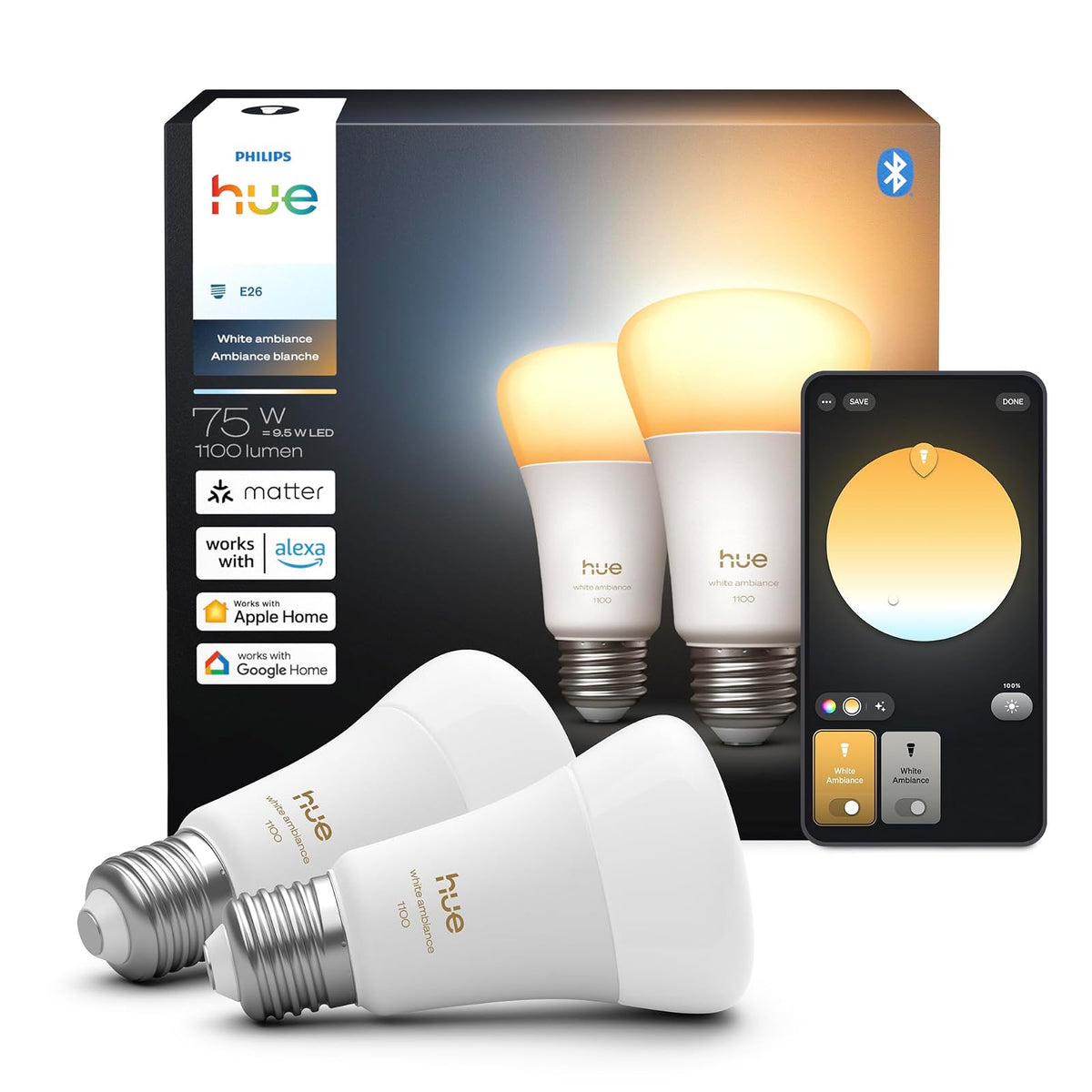 Philips Hue foco LED inteligente A19, ambiente blanco, base E26, 9,5 W, luz de espectro completo 1000K-20000K, 1100 lúmenes, regulable, funciona con Alexa, Google y Apple Home, 2 unidades