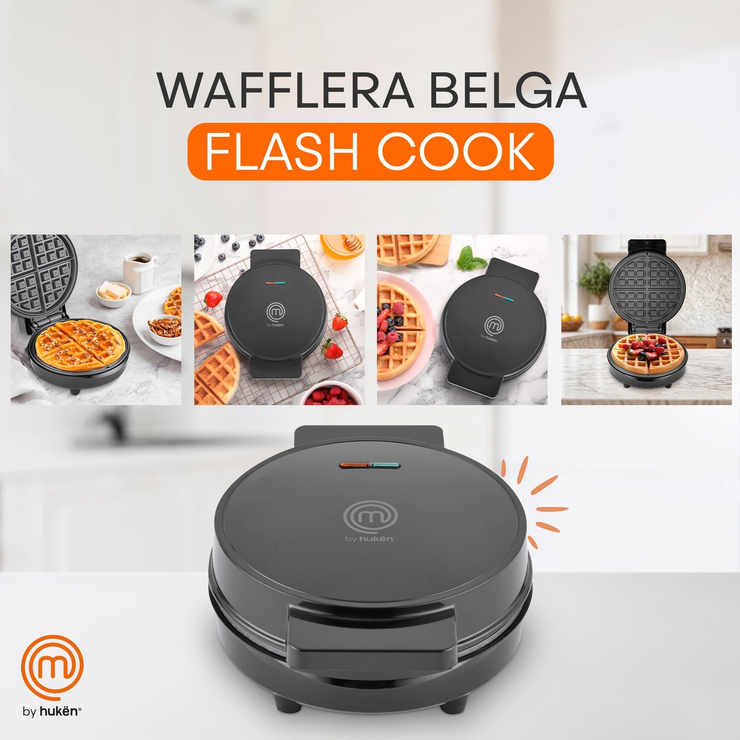 Hukën x MasterChef | Wafflera Belga Eléctrica Flash Cook Redonda | Calentamiento Rápido y Uniforme | Temperatura Automática | Antiadherente de Alto Nivel | Luces Indicadoras | Color Negro