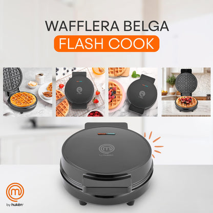 Hukën x MasterChef | Wafflera Belga Eléctrica Flash Cook Redonda | Calentamiento Rápido y Uniforme | Temperatura Automática | Antiadherente de Alto Nivel | Luces Indicadoras | Color Negro