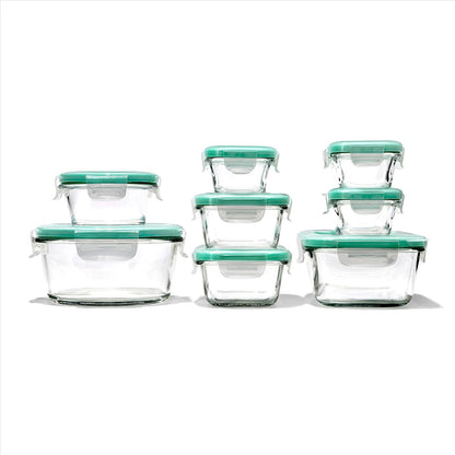 OXO Good Grips 16 Piece Glass Smart Seal Everyday Container Set | Recipiente de almacenamiento de alimentos con tapa, ideal para preparación de comidas y sobras, apto para congelador a horno