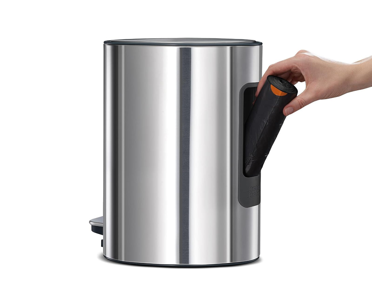 Joseph Joseph EasyStore Luxe - cubeta de basura con pedal de acero inoxidable de 5 litros con tapa de cierre suave, cubeta interior extraíble, para baño, recámara, oficina