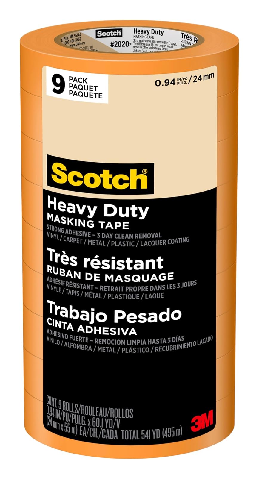 3M Scotch Cinta de Pintor Resistente, Naranja - 0.94" Width - 9 rollos