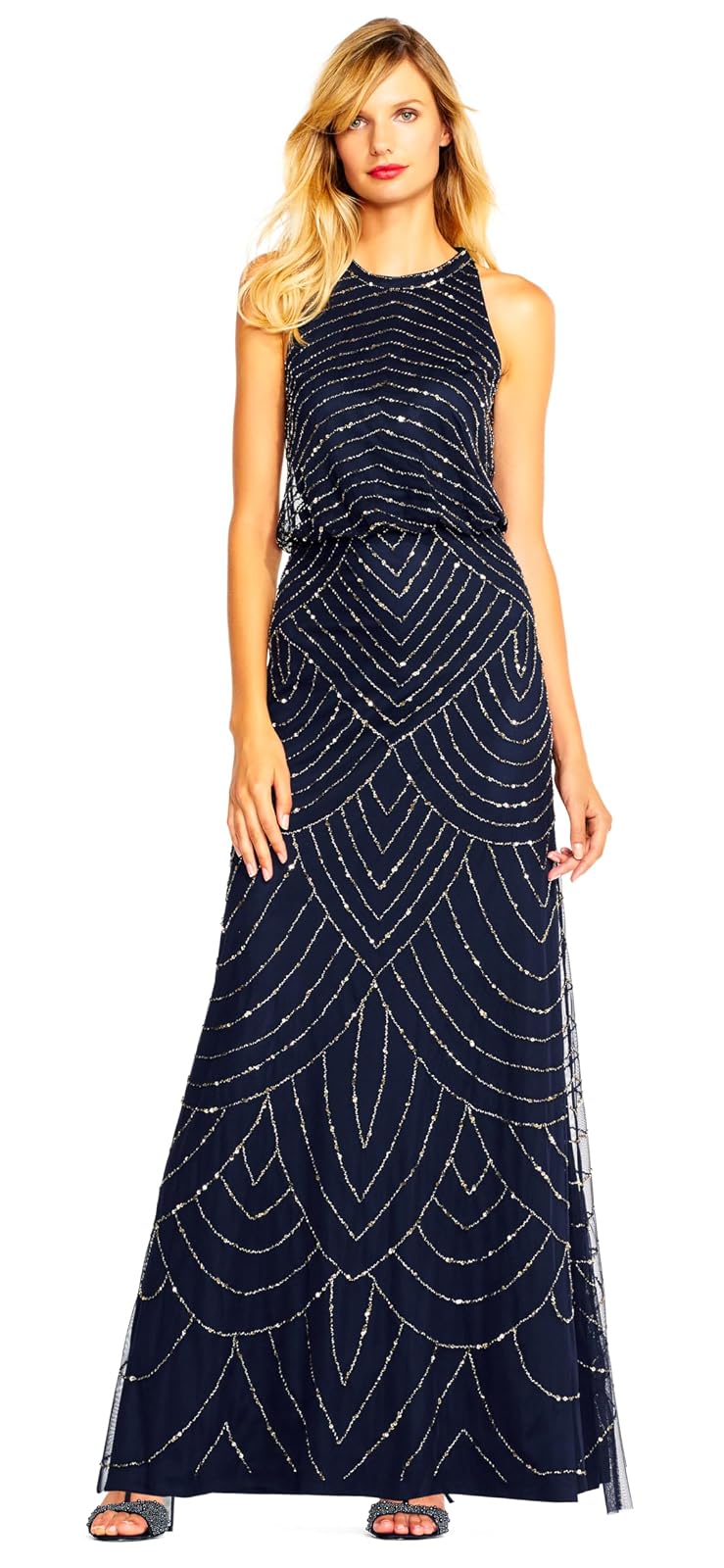 Adrianna Papell Vestido Halter con Abalorios para Ocasión Especial - Azul Marino - 6
