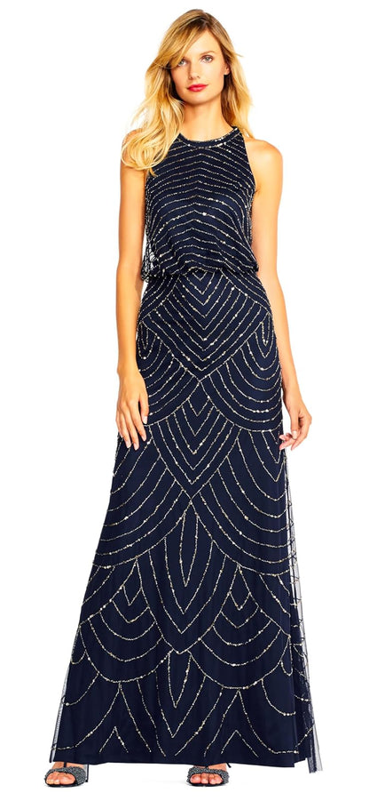 Adrianna Papell Vestido Halter con Abalorios para Ocasión Especial - Azul Marino - 6