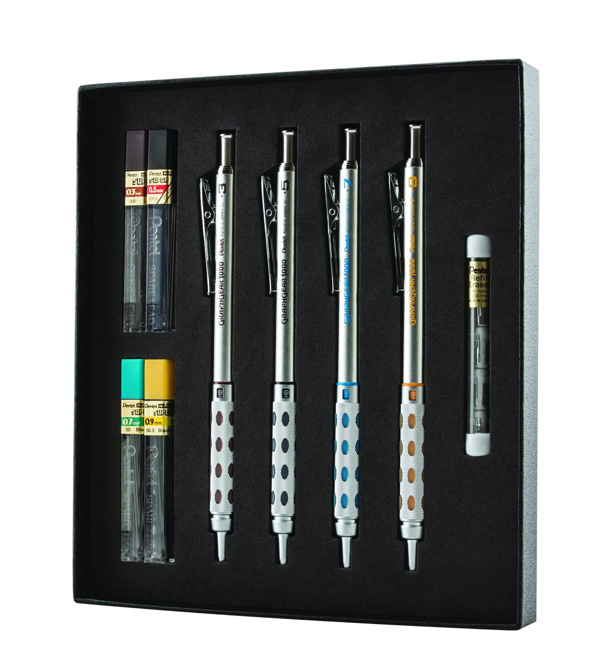 Pentel GraphGear 1000 - Lápiz de dibujo automático, set de regalo 4 juegos, Plateado, 0.3mm, 0.5mm, 0.7mm, 0.9mm