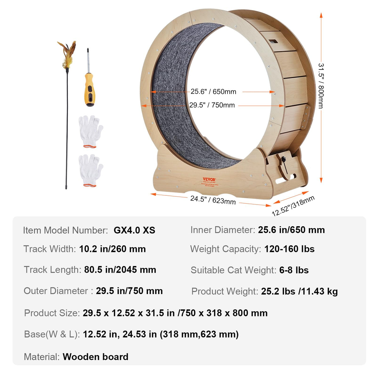 VEVOR Rueda de Ejercicio de Madera para Gatos de Interior de 75 x 31,8 x 80 cm, Rueda para Correr con Alfombra Desmontable, Juguete para Correr, Caminar, Entrenar para Diferentes Gatos, Color Madera