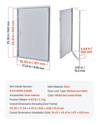 VEVOR Trampilla de Inspección para Paneles de Yeso, Puerta de Acceso de Acero Galvanizado 620x417 mm, con Pestillo de Destornillador, para Instalación de Fontanería y Electricidad en Techos, Blanco