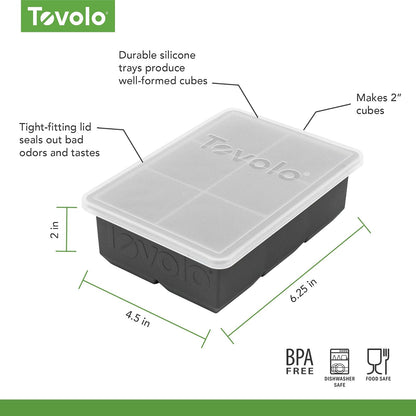 Tovolo King, whisky y licores XL de 2 pulgadas, silicona sin BPA, cubeta de hielo seguro para lavaplatos, bandeja individual con tapa, carbón