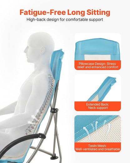 VEVOR Silla de Playa Plegable, Paquete de 2, Capacidad Máxima de 150 kg con Respaldo Alto de Malla, Almohada, Silla de Camping Portátil, Resistente con Portavasos para Exteriores Barbacoa Aire Libre