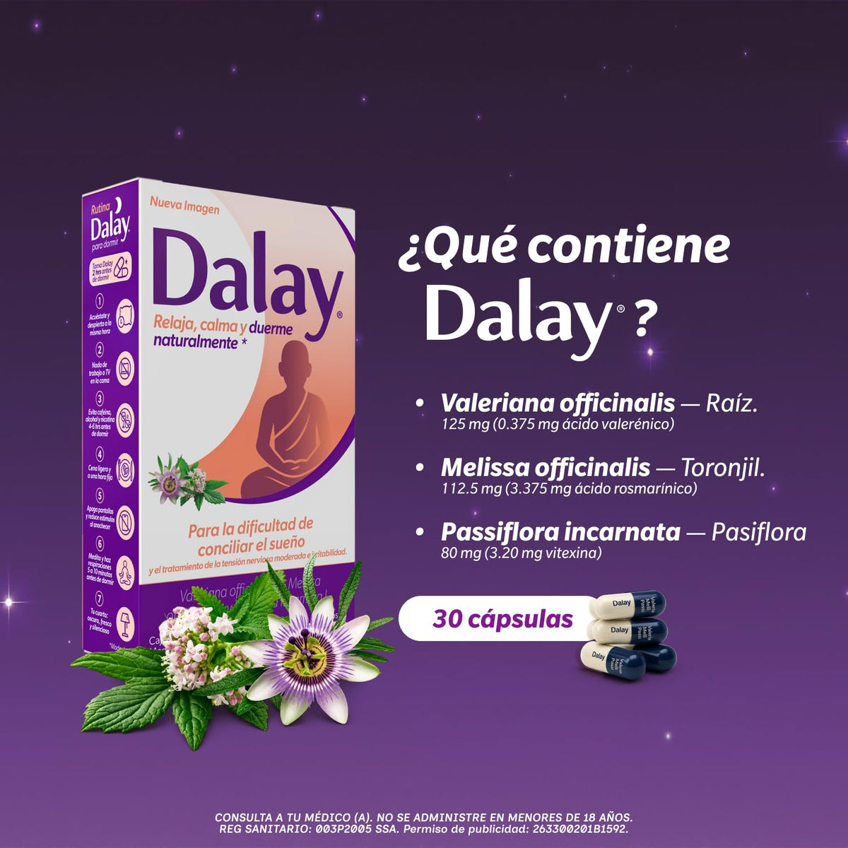 DALAY Tratamiento para el Manejo de la Tensión, Para el tratamiento de la tensión nerviosa moderada, irritabilidad y dificultad para conciliar el sueño, Envase con 30 cápsulas