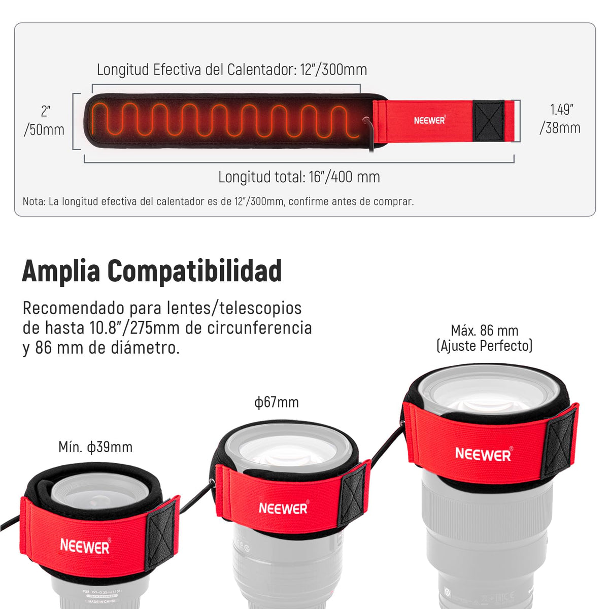 NEEWER - Calentador de Lente USB, 300 mm para cámara DSLR y telescopio, 3 ajustes de regulador de Temperatura, Tira de Calentador de rocío Evita rocío, Niebla y condensación para cámara de telescopio
