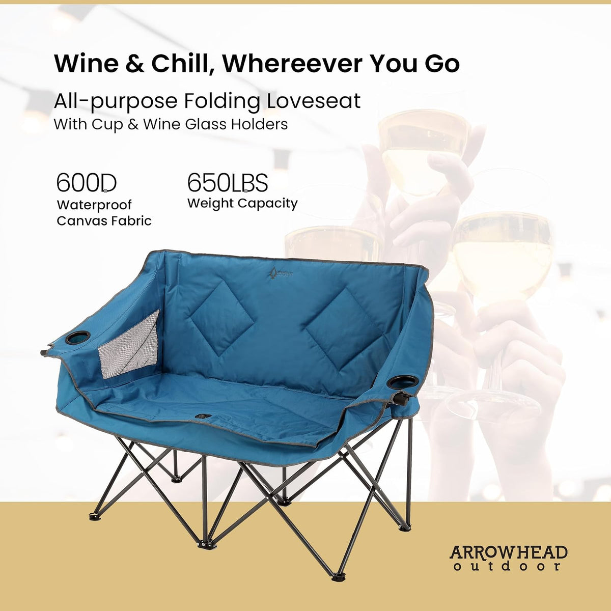 Arrowhead Outdoor - Sofá de Cama Doble Plegable portátil con 2 Tazas y Soporte para Copas de Vino, Bolsa de Transporte Resistente, Asientos Acolchados y apoyabrazos, soporta hasta 500 Libras, Soporte