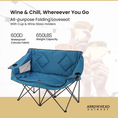 Arrowhead Outdoor - Sofá de Cama Doble Plegable portátil con 2 Tazas y Soporte para Copas de Vino, Bolsa de Transporte Resistente, Asientos Acolchados y apoyabrazos, soporta hasta 500 Libras, Soporte
