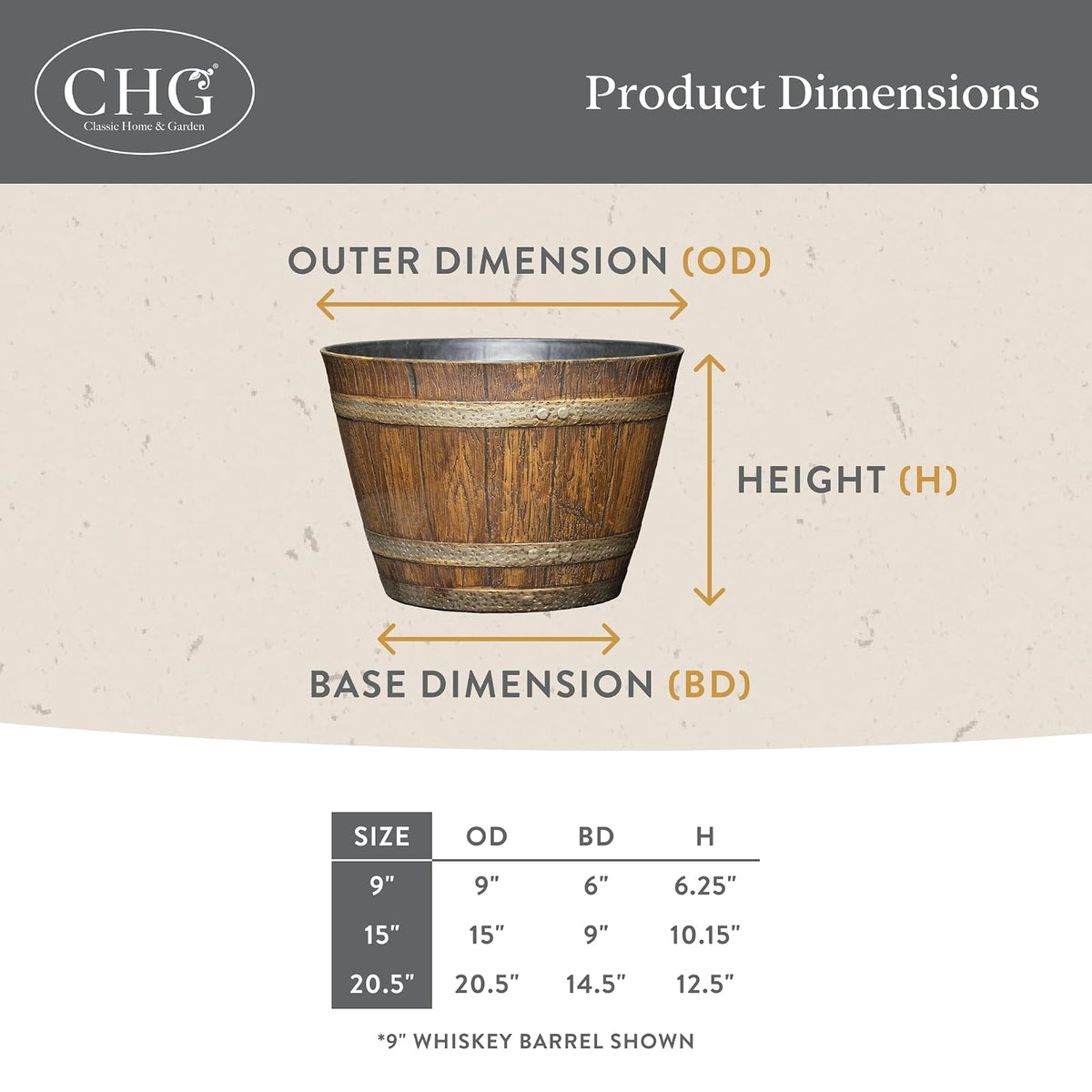 Whiskey Barrel Planter, Distressed Oak, 9" (Durable high density resin construction)