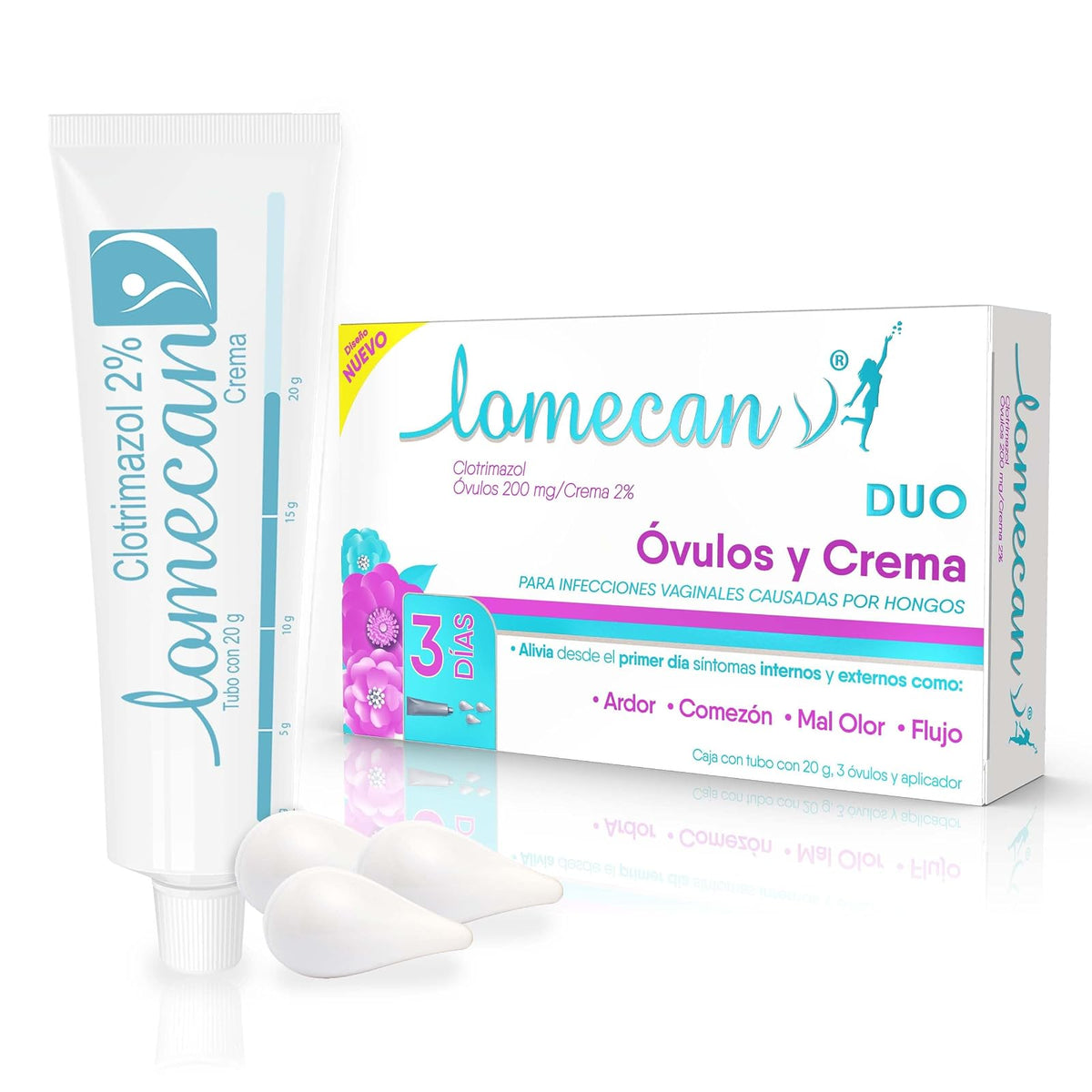 LOMECAN V Dúo, crema y óvulos, Tratamiento para infecciones cervicovaginales que alivia inflamación, comezón y ardor desde la primera aplicación, Caja con tubo 20g, 3 óvulos y aplicador
