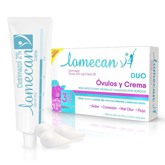 LOMECAN V Dúo, crema y óvulos, Tratamiento para infecciones cervicovaginales que alivia inflamación, comezón y ardor desde la primera aplicación, Caja con tubo 20g, 3 óvulos y aplicador