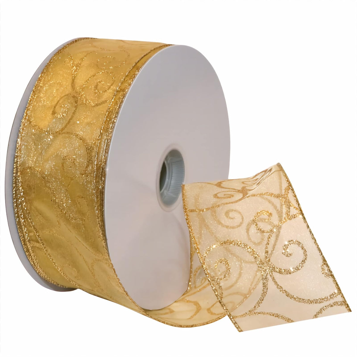 Morex Ribbon Swirl Wired Sheer Glitter Ribbon, 2-1/2-Inch by 50-Yard Spool, Gold - 2.5 Inch By 50 Yards - Gold